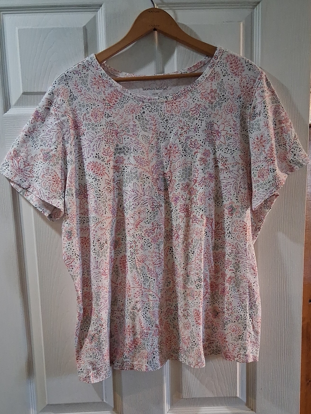 Woman Within White Short-Sleeve Floral Tee with Pink/Orange Accents 100% Cotton